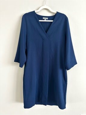 COS Navy V-Neck Oversized Shift Dress 3/4 Sleeve Pockets Size 10